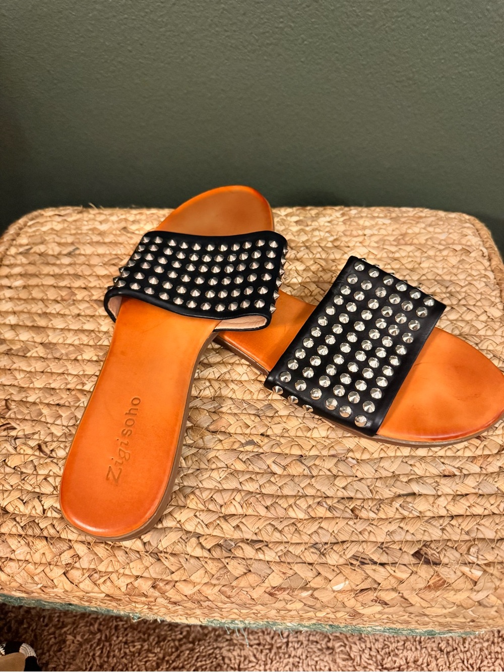 Zigi Soho Black Studded Slide Sandals with Tan Footbed